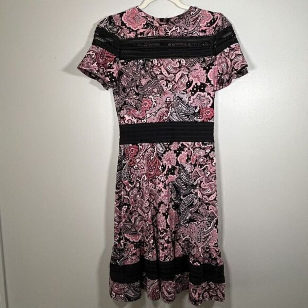 Michael Kors Women's Dress Black‎ Pink Paisley Print Black Lace S Fit And Flare